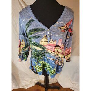 Vintage Zashi Beaded Travel V Neck 3/4 Sleeve Shirt Size L